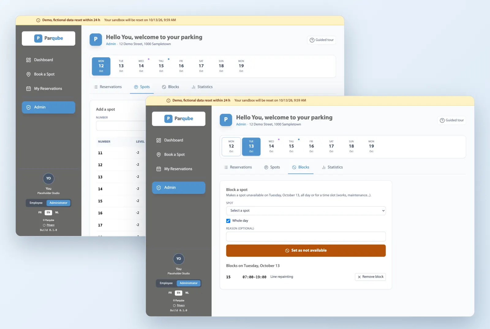 Parqube administration screens: list of spots with their type and status, and the blocking form with a block for line repainting