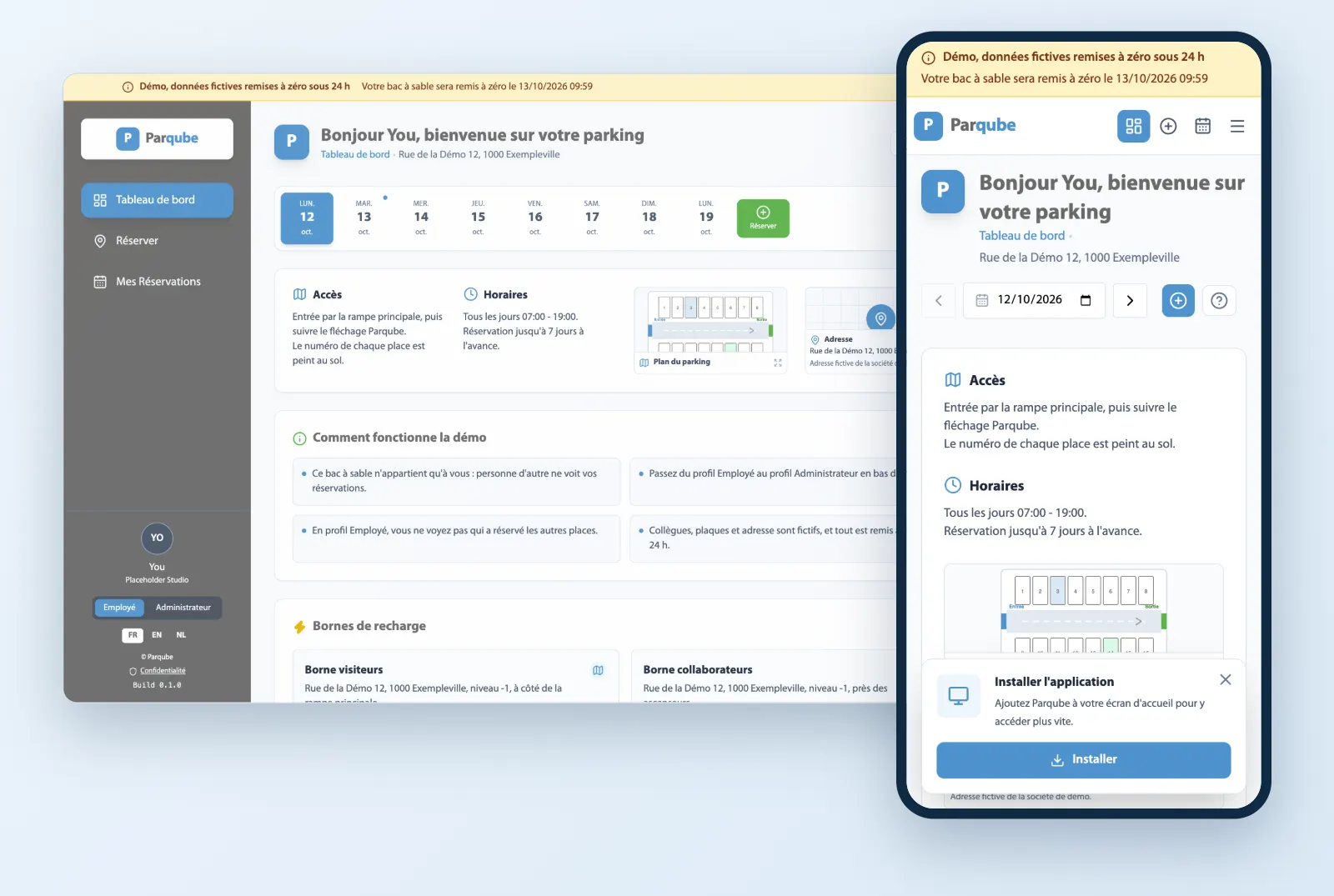 Parqube sur ordinateur et sur smartphone, avec la suggestion Installer l'application