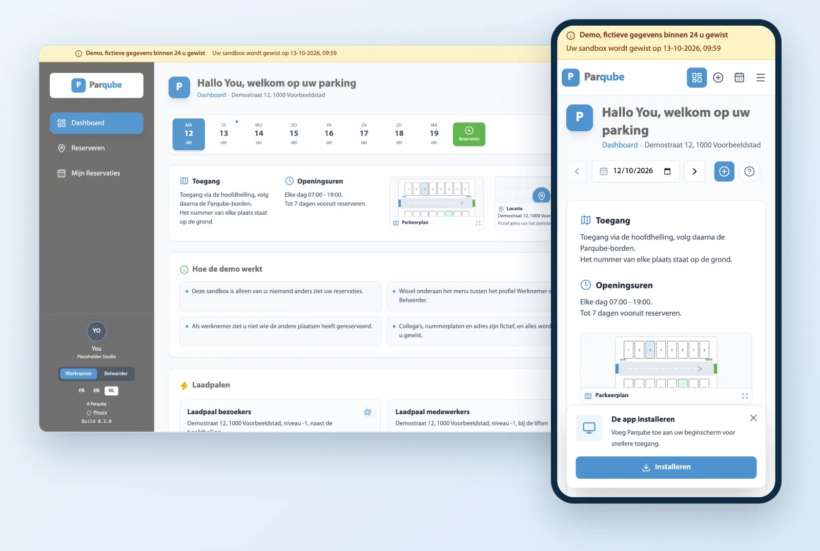 Parqube op een computer en op een smartphone, met de suggestie om de app te installeren