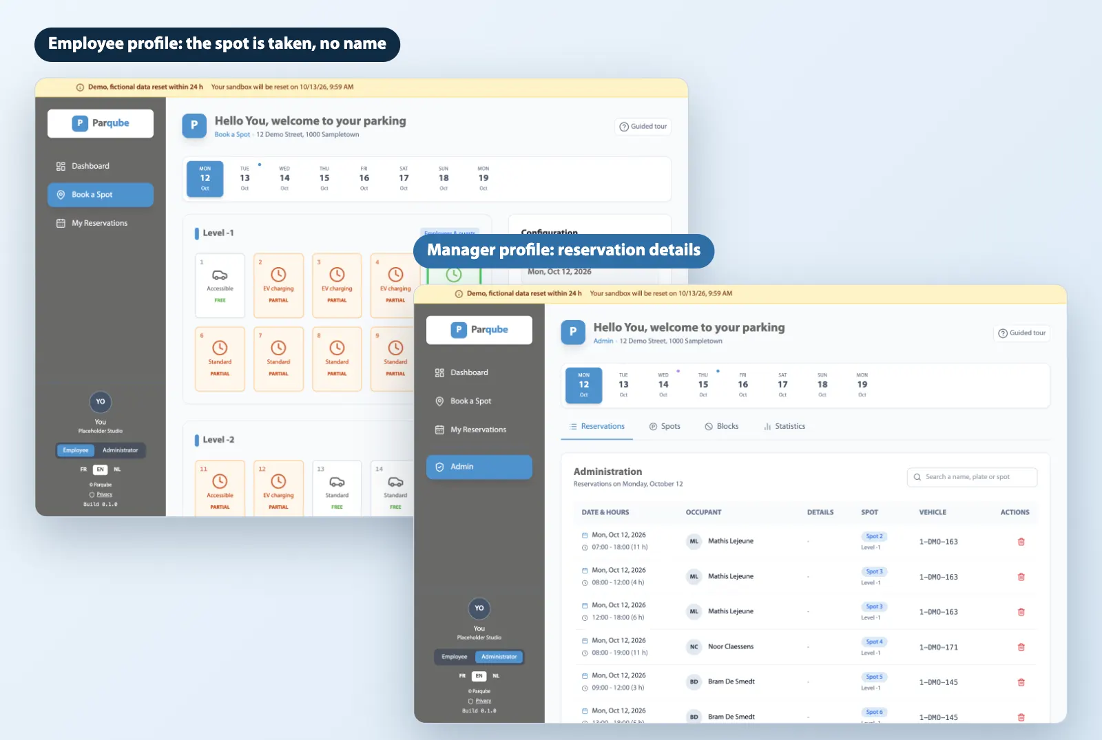 Two Parqube screens: the employee profile shows occupied spots with no name, the manager profile the list of reservations with occupant and vehicle